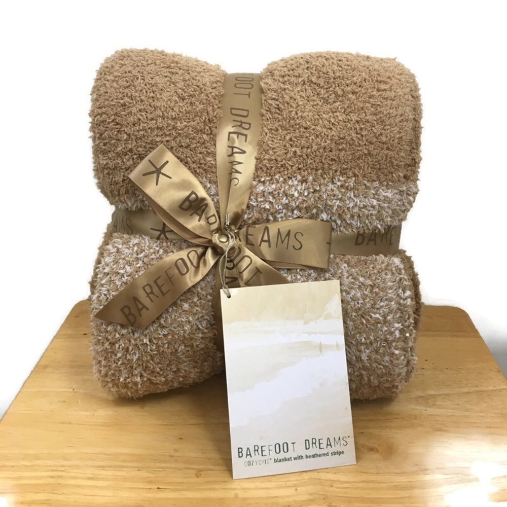 NWT Barefoot dreams cozy chic striped heathered blanket in camel stone